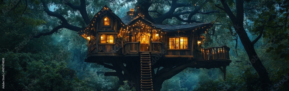 Fototapeta premium Whimsical treehouse in heavy rain with glowing lights, magical forest scene