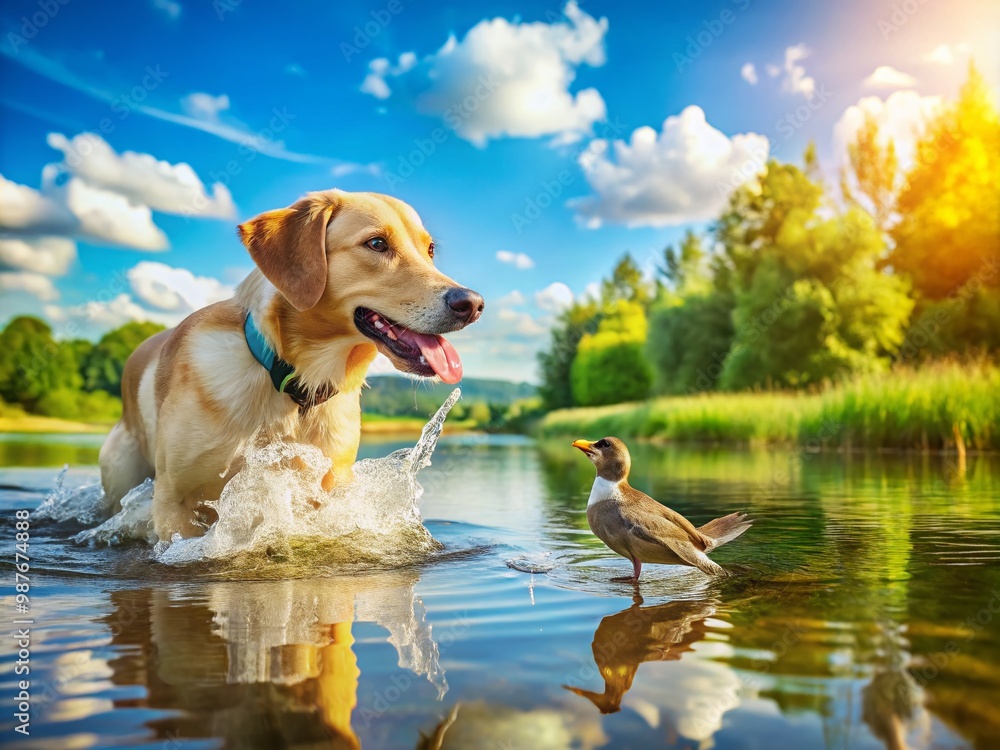 Energetic Dog Fetches Duck from Water in a Scenic Outdoor Setting during Bright Sunny Daytime Energetic Dog Fetches Duck from Water in a Scenic Outdoor Setting during Bright Sunny Daytime