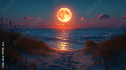 Admirable vista of the ocean. Full moon over a colorful blue sky at night above a coastline. The twilight outside, surrounded by peaceful nature 