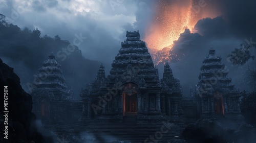 An ancient temple complex is shrouded in mist and shadow, with an active volcano glowing in the background as lava illuminates the dark scene