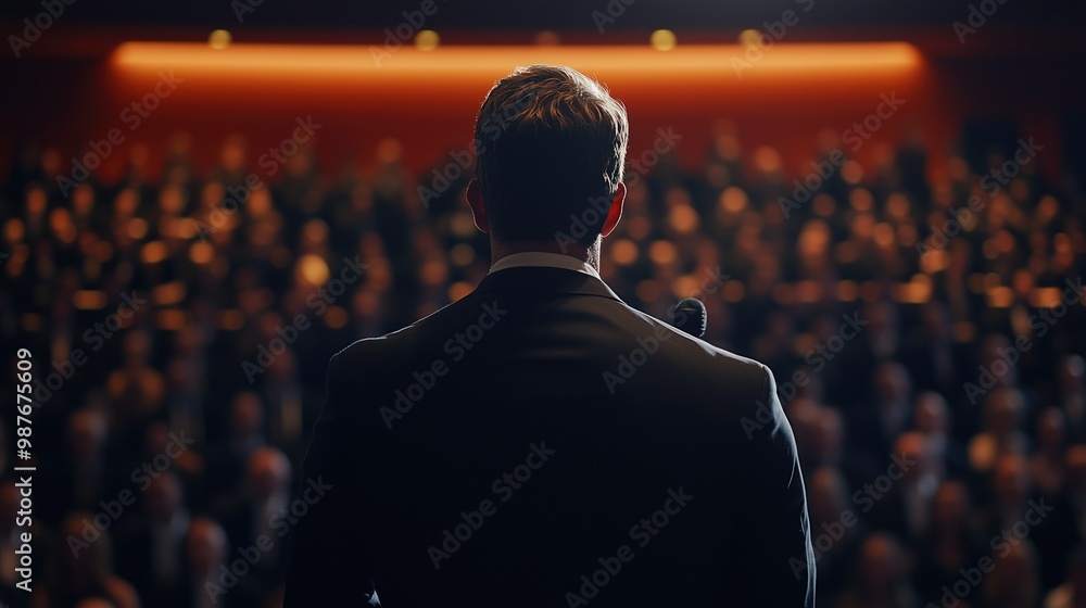 Backview on male motivational speaker using microphone in front of the audience during business conference meeting Backview on male motivational speaker using microphone in front of the audience during business conference meeting