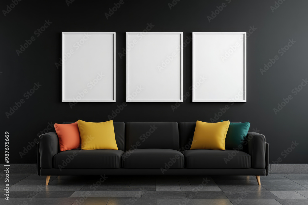 Fototapeta premium Explore a serene black room featuring a comfortable couch and three white-framed pictures, perfect for creating a tranquil ambiance.