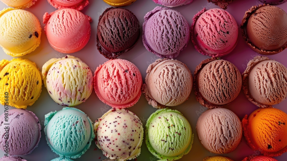 A colorful array of ice cream scoops arranged in rows, perfect for a sweet treat or summer-themed background. A colorful array of ice cream scoops arranged in rows, perfect for a sweet treat or summer-themed background.