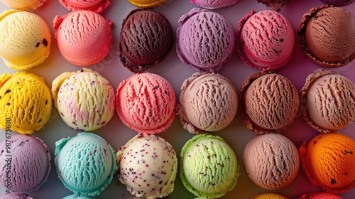 A colorful array of ice cream scoops arranged in rows, perfect for a sweet treat or summer-themed background.