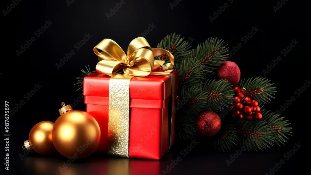 Christmas background with red gift box and golden ribbon, tree branch and stars Christmas background with red gift box and golden ribbon, tree branch and stars