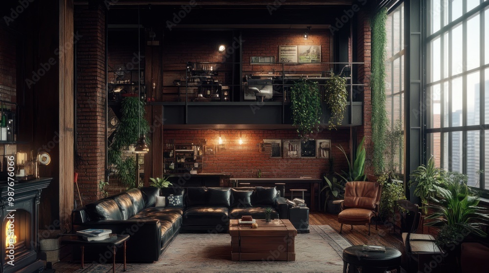 Industrial Loft Living Room with Warm Lighting and Greenery Industrial Loft Living Room with Warm Lighting and Greenery