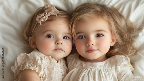 adorable child kissing little sister lying on white bedding 