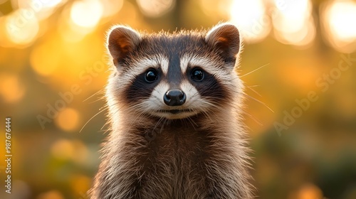 A curious raccoon stares directly at the camera, its fur catching the warm glow of the setting sun.