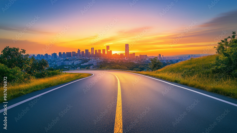 Obraz premium A straight road leading to the city skyline, with a beautiful sunset in background. The asphalt surface is smooth and clean, with yellow lines on both sides of it, Generative AI