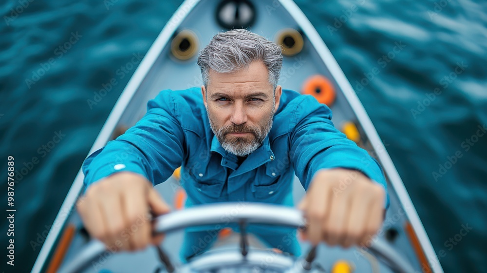 Fototapeta premium Man Steering a Boat Sailing Blue Water Sea Ocean Captain