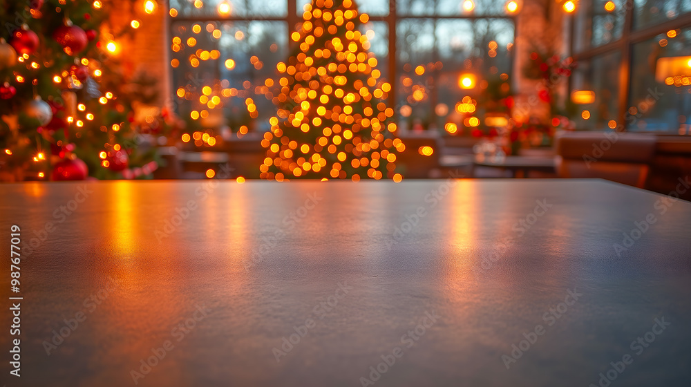Comptoir vide en béton dans un restaurant avec un sapin de Noël en arrière-plan Comptoir vide en béton dans un restaurant avec un sapin de Noël en arrière-plan