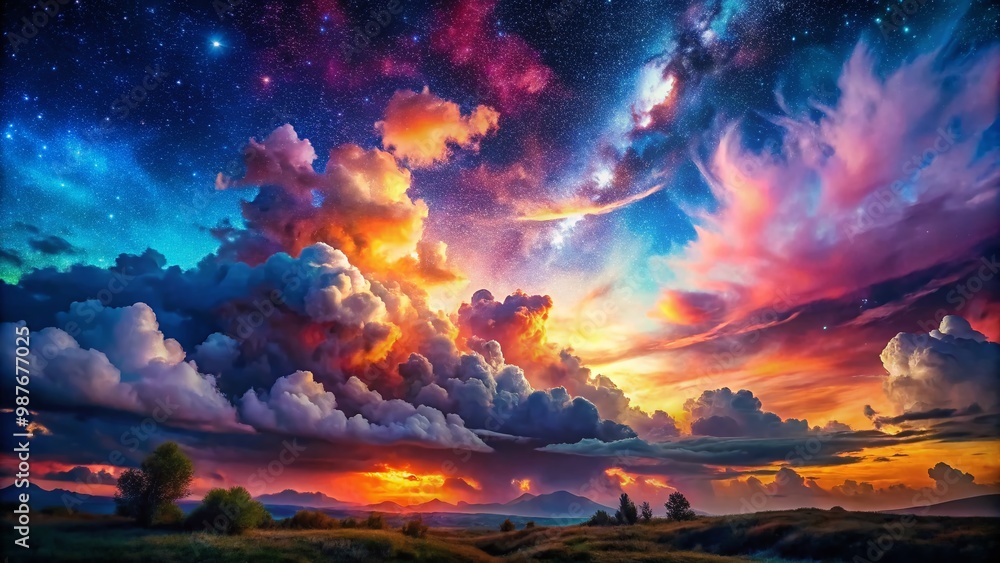 Ethereal Dreamscape with Surreal Clouds, Vibrant Colors, and Mystical Landscapes Under a Starry Sky Ethereal Dreamscape with Surreal Clouds, Vibrant Colors, and Mystical Landscapes Under a Starry Sky