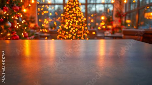 Comptoir vide en béton dans un restaurant avec un sapin de Noël en arrière-plan photo