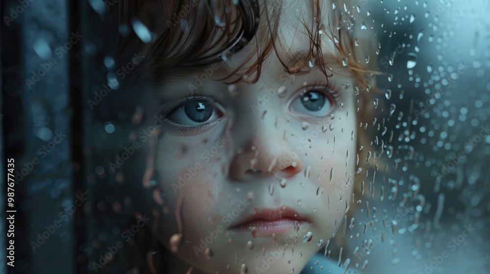 Expressive Child Gazing Through a Rain-Speckled Window Expressive Child Gazing Through a Rain-Speckled Window