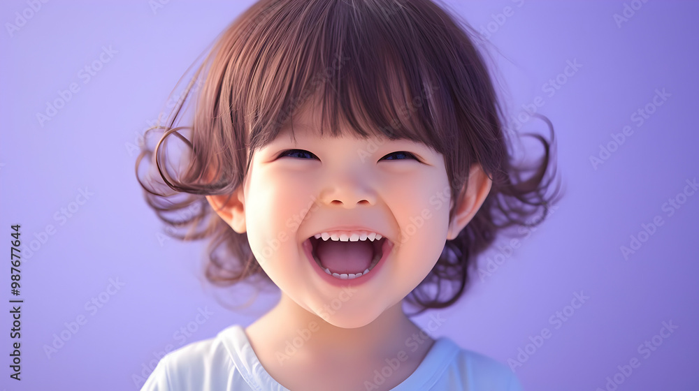 Little Girl Smiles with Copy Space on Purple Background Little Girl Smiles with Copy Space on Purple Background