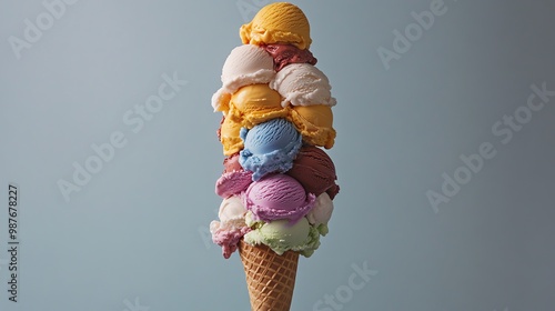 A colorful ice cream cone with melting ice cream.