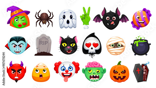 Cartoon Halloween emoji set. Vector zombie, vampire, bat, pumpkin or ghost. Devil, death, black cat and tomb. Skull, witch, mummy and candy with sinister clown, corn seed, skeleton, spider or cauldron