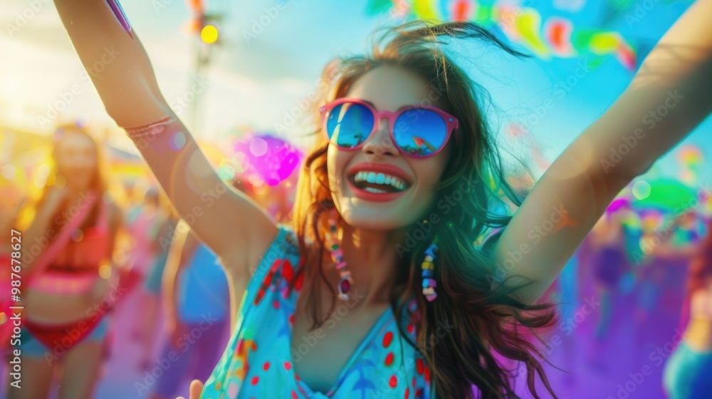 Joyful Young Woman Celebrating at Colorful Summer Festival Joyful Young Woman Celebrating at Colorful Summer Festival