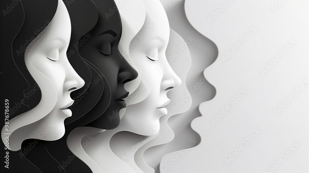 White and black paper cutouts of female faces in a minimalistic design featuring simple shapes and elegant curves. Set against an abstract background with balanced composition and a neutral color pale White and black paper cutouts of female faces in a minimalistic design featuring simple shapes and elegant curves. Set against an abstract background with balanced composition and a neutral color pale