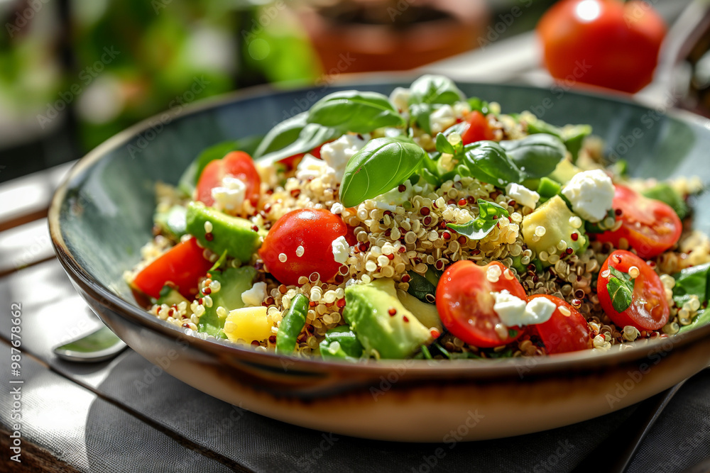 Quinoa salad with cherry tomatoes, avocado, and feta cheese, Outdoor patio setting, Fresh and detailed textures of the salad ingredients, Refreshing vegetarian dish Quinoa salad with cherry tomatoes, avocado, and feta cheese, Outdoor patio setting, Fresh and detailed textures of the salad ingredients, Refreshing vegetarian dish