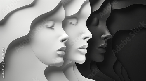 White and black paper cutouts of female faces in a minimalistic design featuring simple shapes and elegant curves. Set against an abstract background with balanced composition and a neutral color pale