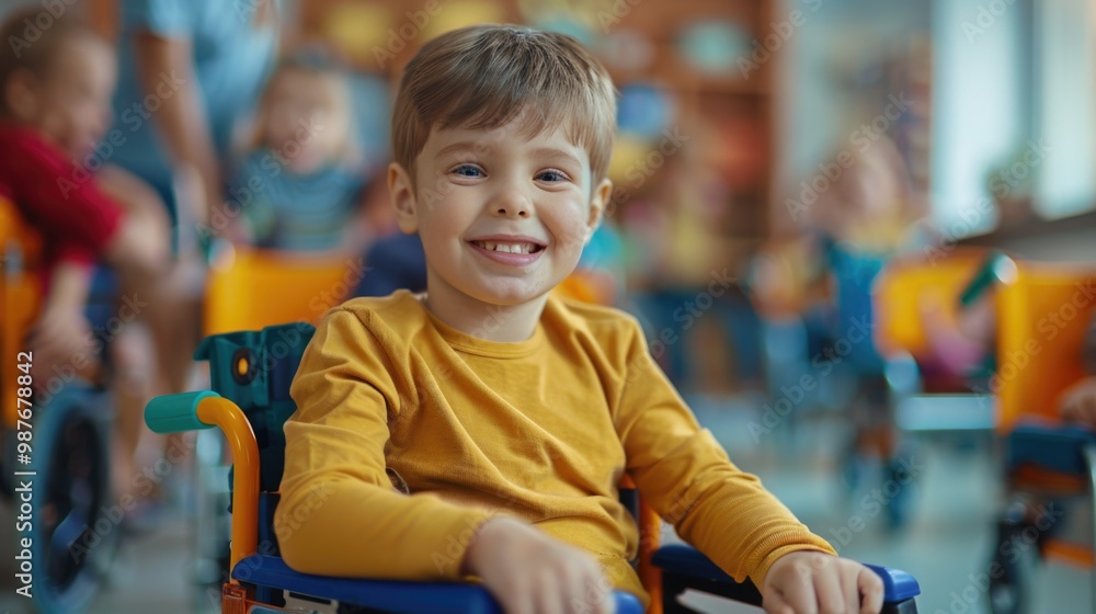 Happy Young Boy in Wheelchair at Colorful School Environment Happy Young Boy in Wheelchair at Colorful School Environment