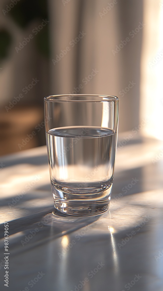 Glass of water on a table with sunlight reflecting on the surface Glass of water on a table with sunlight reflecting on the surface