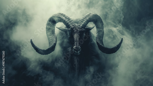 Fearsome ram with massive curled horns emerges from thick, swirling fog, creating a haunting and mythical atmosphere.