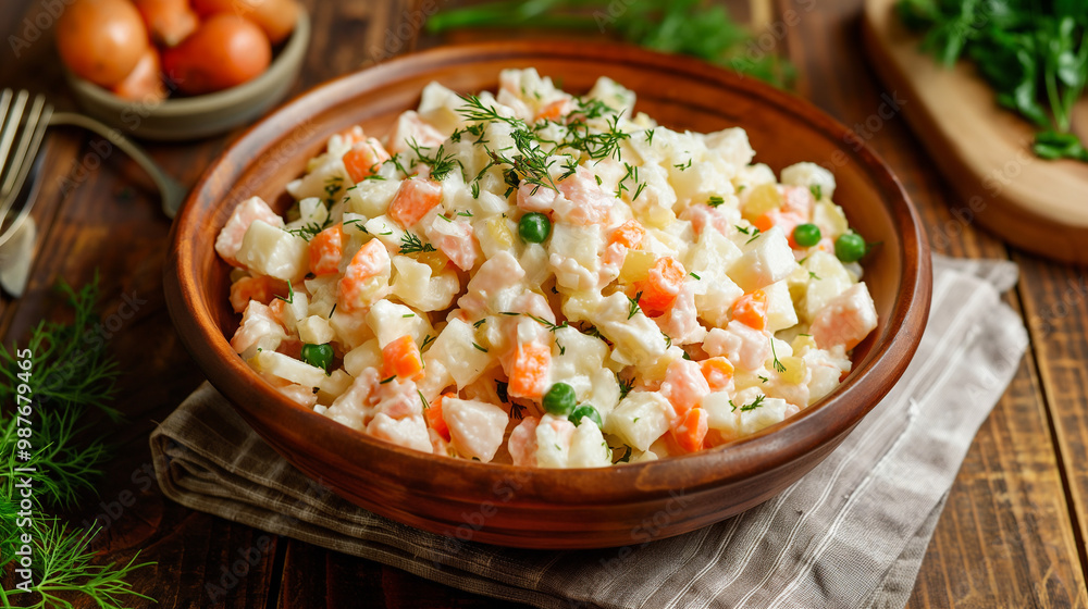 Russian Olivier salad with diced vegetables and meat, bright kitchen setting, vibrant colors and detailed textures, classic Russian holiday dish Russian Olivier salad with diced vegetables and meat, bright kitchen setting, vibrant colors and detailed textures, classic Russian holiday dish