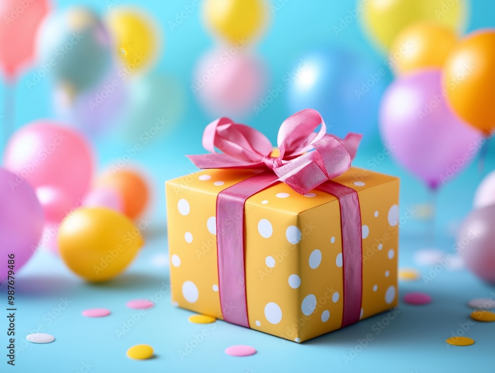 Cheerful yellow polka dot gift box with pink ribbon in party setting. Colorful balloons and confetti background. Festive celebration theme. Cheerful yellow polka dot gift box with pink ribbon in party setting. Colorful balloons and confetti background. Festive celebration theme.