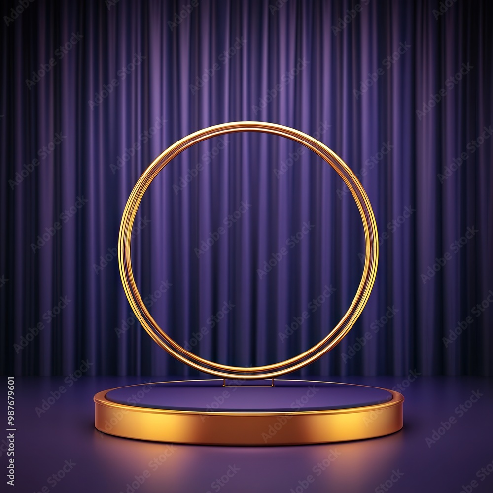 Golden Circle and Platform on Purple Velvet Curtain Background. Golden Circle and Platform on Purple Velvet Curtain Background.