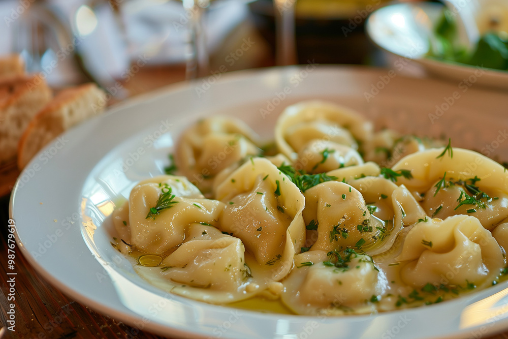 Plate of Russian pelmeni (dumplings) with butter and herbs, Detailed textures of the dumplings, Classic Russian dish Plate of Russian pelmeni (dumplings) with butter and herbs, Detailed textures of the dumplings, Classic Russian dish