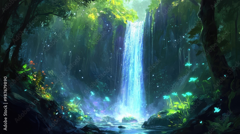 Obraz premium A magical waterfall that flows upwards into the sky, defying gravity, with strange glowing plants growing around its base.