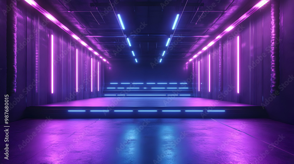 Purple and Blue Neon Lights in a Dark Room 3D Illustration Purple and Blue Neon Lights in a Dark Room 3D Illustration