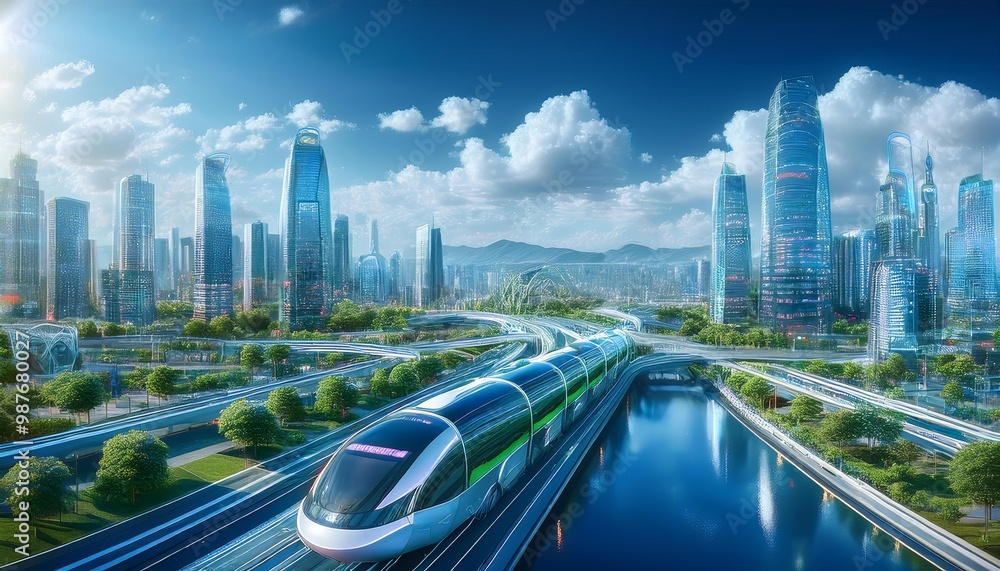Fototapeta premium Futuristic City with High-Speed Train and Skyscrapers