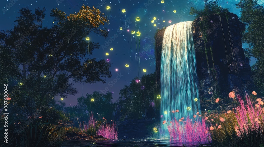 Obraz premium A magical waterfall that flows upwards into the sky, defying gravity, with strange glowing plants growing around its base.
