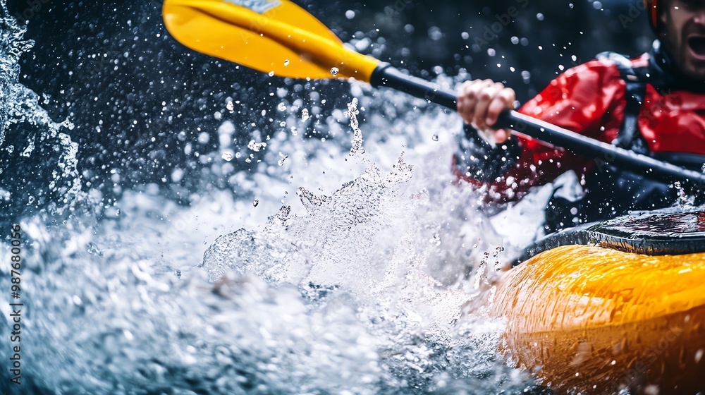 Fototapeta premium A kayaker paddles through a rushing river, creating a spray of water as they navigate the rapids.