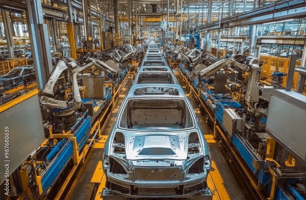 Car production line in a car factory with cars on the construction lines and cut metal parts inside the boxes. Generative AI Car production line in a car factory with cars on the construction lines and cut metal parts inside the boxes. Generative AI