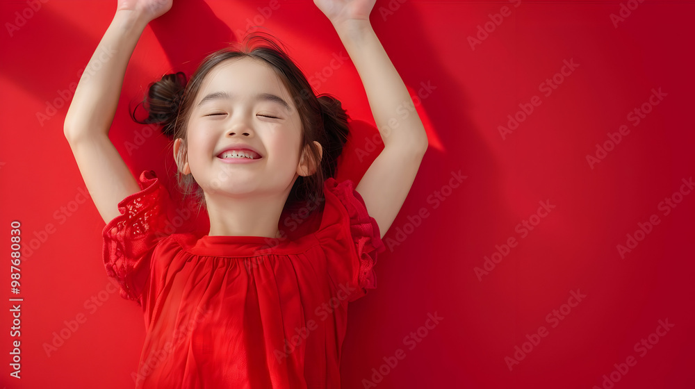 Little Girl Smiles with Copy Space, Red Background Little Girl Smiles with Copy Space, Red Background