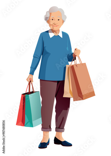 Senior woman holding shopping bags is smiling at you