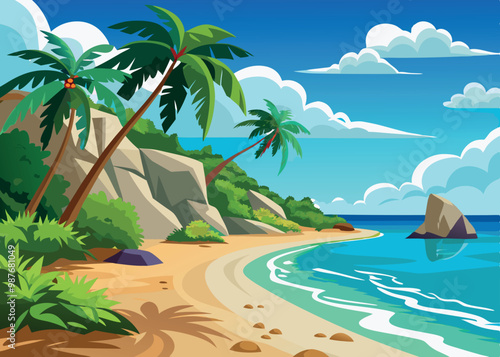 tropical island beach on a sunny day, cartoon illustration