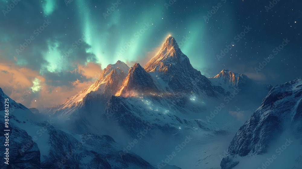 A mystical mountain range with towering peaks, glowing with a soft, ethereal light as the aurora dances above. A mystical mountain range with towering peaks, glowing with a soft, ethereal light as the aurora dances above.