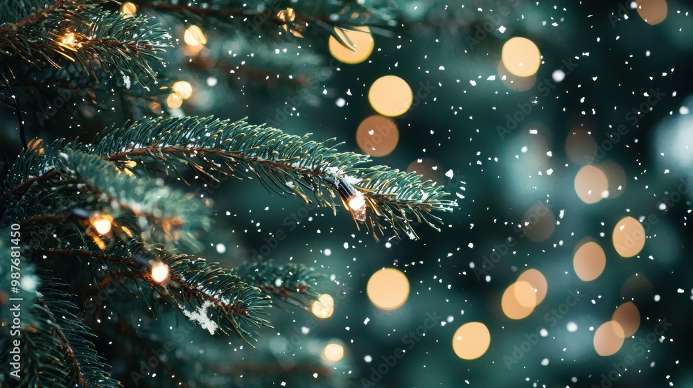 Pine Tree with Christmas Lights in Snowy Forest Pine Tree with Christmas Lights in Snowy Forest