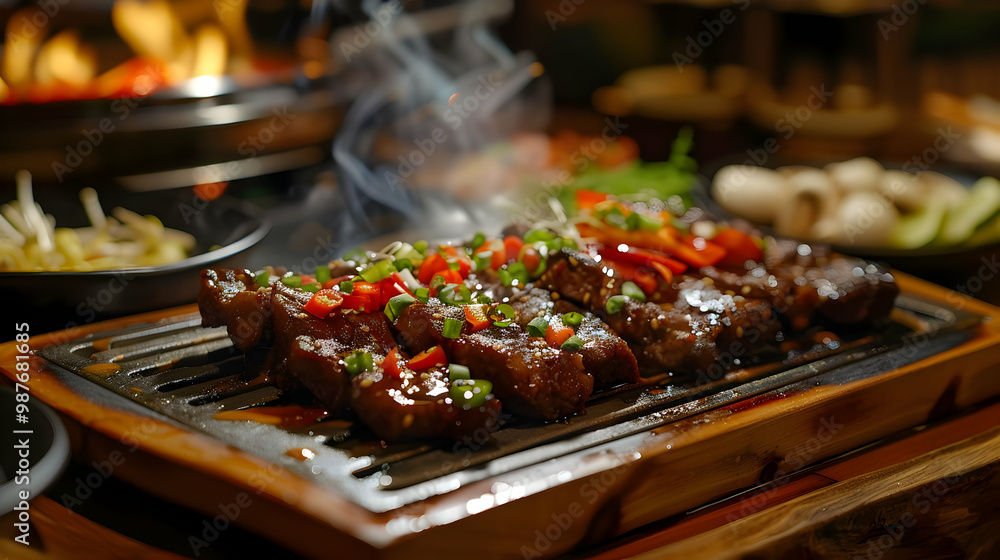 Close-up of Delicious Grilled Beef with Chili Peppers and Green Onions Close-up of Delicious Grilled Beef with Chili Peppers and Green Onions