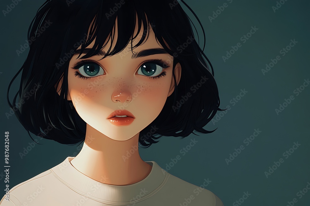 Anime girl portrait with short black hair, green eyes, and soft expression. Anime girl portrait with short black hair, green eyes, and soft expression.