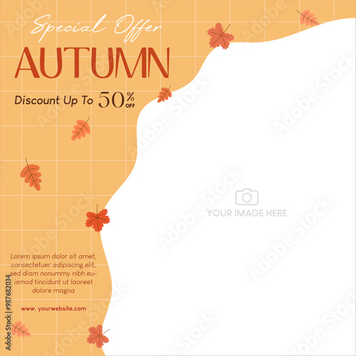 Autumn sale discount in yellow theme with autumn leaves and image placement on the corner. Vector illustration template for social media promotion.