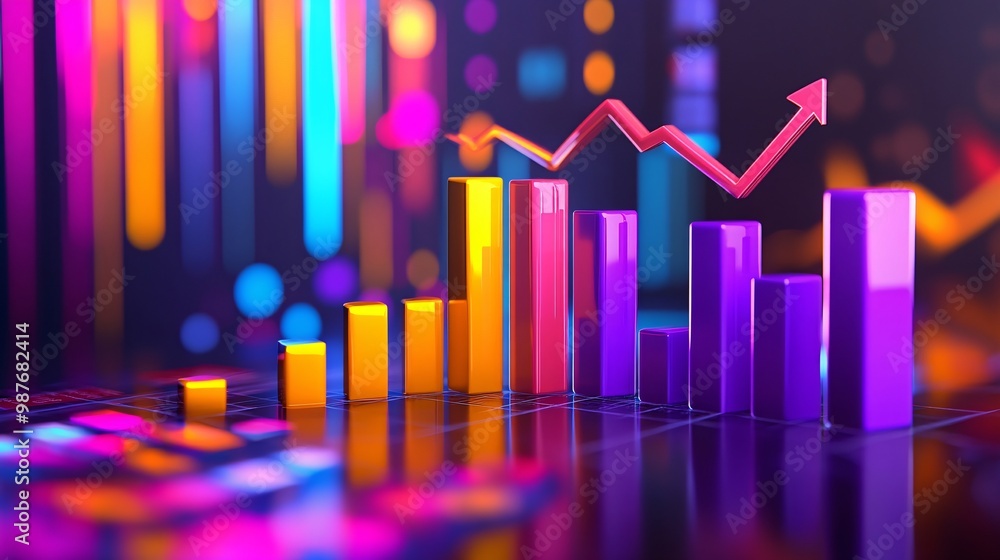 Dynamic Sales Data Analysis with Vibrant Bar Charts and Growth Arrows - 3D Illustrated Visualization of Business Growth Trends Dynamic Sales Data Analysis with Vibrant Bar Charts and Growth Arrows - 3D Illustrated Visualization of Business Growth Trends