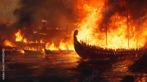 The spectacular burning of the galley ship at up helly aa, with flames creating an intense, fiery scene. Byzantine Empire. Illustration photo