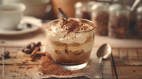 Coffee Dessert with Whipped Cream and Cocoa Powder