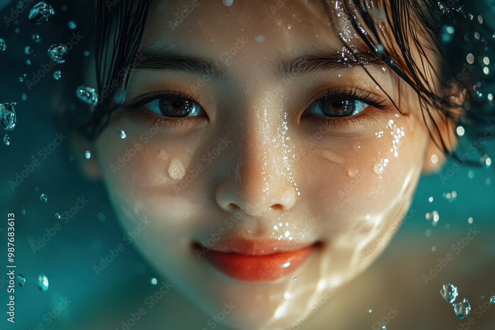 Smiling Woman's Face with Water Drops Smiling Woman's Face with Water Drops